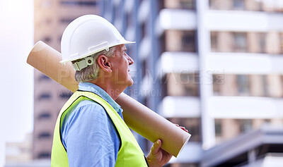 Buy stock photo Mature, man and architect thinking with blueprint in city, ideas or inspiration at construction site for engineering. Renovation decision, property development and vision for urban infrastructure 