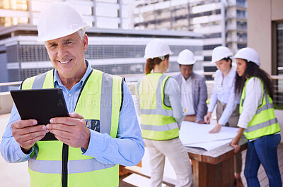 Buy stock photo Mature, man and tablet with architect and team in meeting, construction inspection and digital checklist with portrait. Urban infrastructure, project management and safety engineer with blueprint