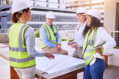 Buy stock photo Architecture, construction and people in meeting with blueprint, discussion and teamwork for renovation. Collaboration, communication and civil engineering with urban infrastructure and floor plan 