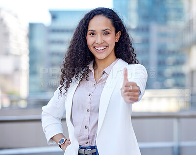 Buy stock photo Woman, portrait and happy for finance success for corporate business, working and smile for startup. Entrepreneur, leader and thumbs up for vision, career and motivation for employees of the company