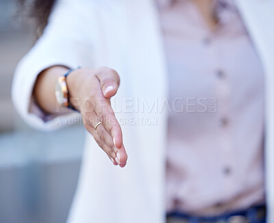 Buy stock photo Offer, closeup or businesswoman shaking hands in city for project agreement, greeting or b2b deal. Hiring, outdoor handshake or person meeting for negotiation, networking or partnership opportunity