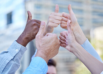 Buy stock photo Group, outside and business people with thumbs up in agreement, support or collaboration together. Proud community, teamwork or hands of consultants with solidarity vote, yes sign or like gesture