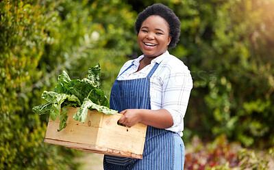 Buy stock photo Farm, agriculture and portrait of black woman with basket of vegetables, harvest and fresh produce. Farming, sustainability and happy female farmer with crate of organic, natural and health food