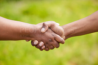 Buy stock photo Support, handshake and teamwork people outdoor collaboration for team building, solidarity and unity. Hands, partnership or welcome in nature for thank you, greeting or introduction to business