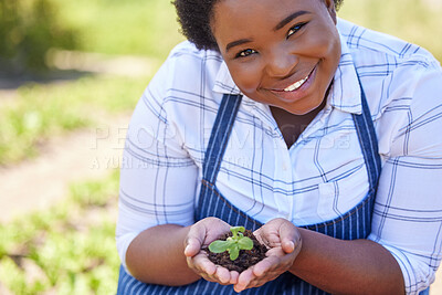 Buy stock photo Agriculture, portrait and black woman with plant in hands for planting vegetables, harvest and ecosystem. Farming, sustainability and farmer with dirt in palms for environment, growth and nature