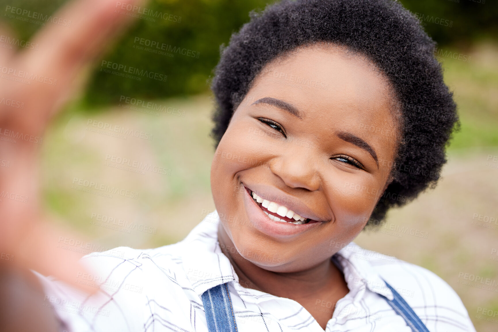 Buy stock photo Selfie, African and woman in countryside with smile, summer and fun or content creation for social media. Female person, park and happy for holiday, vacation or break in travel, tourism and adventure