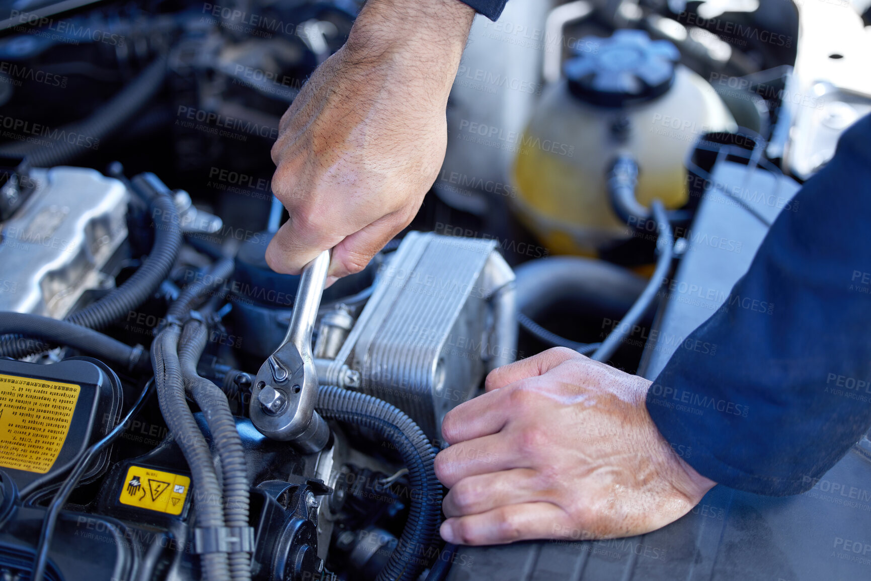 Buy stock photo Man, closeup and engine with tools for service in garage, inspection or maintenance on car. Male mechanic, auto and check for problem with oil or motor, technician working with wrench for transport