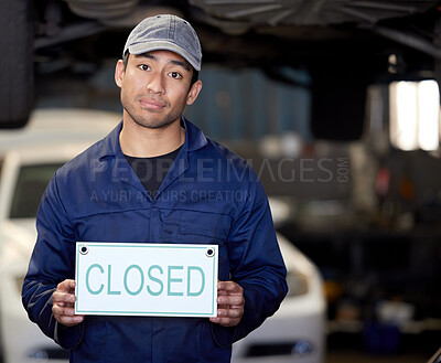 Buy stock photo Closed sign, bankrupt and portrait of mechanic man in garage for car maintenance or vehicle repair. Debt, economy and financial crisis with unhappy engineer in service workshop for business failure