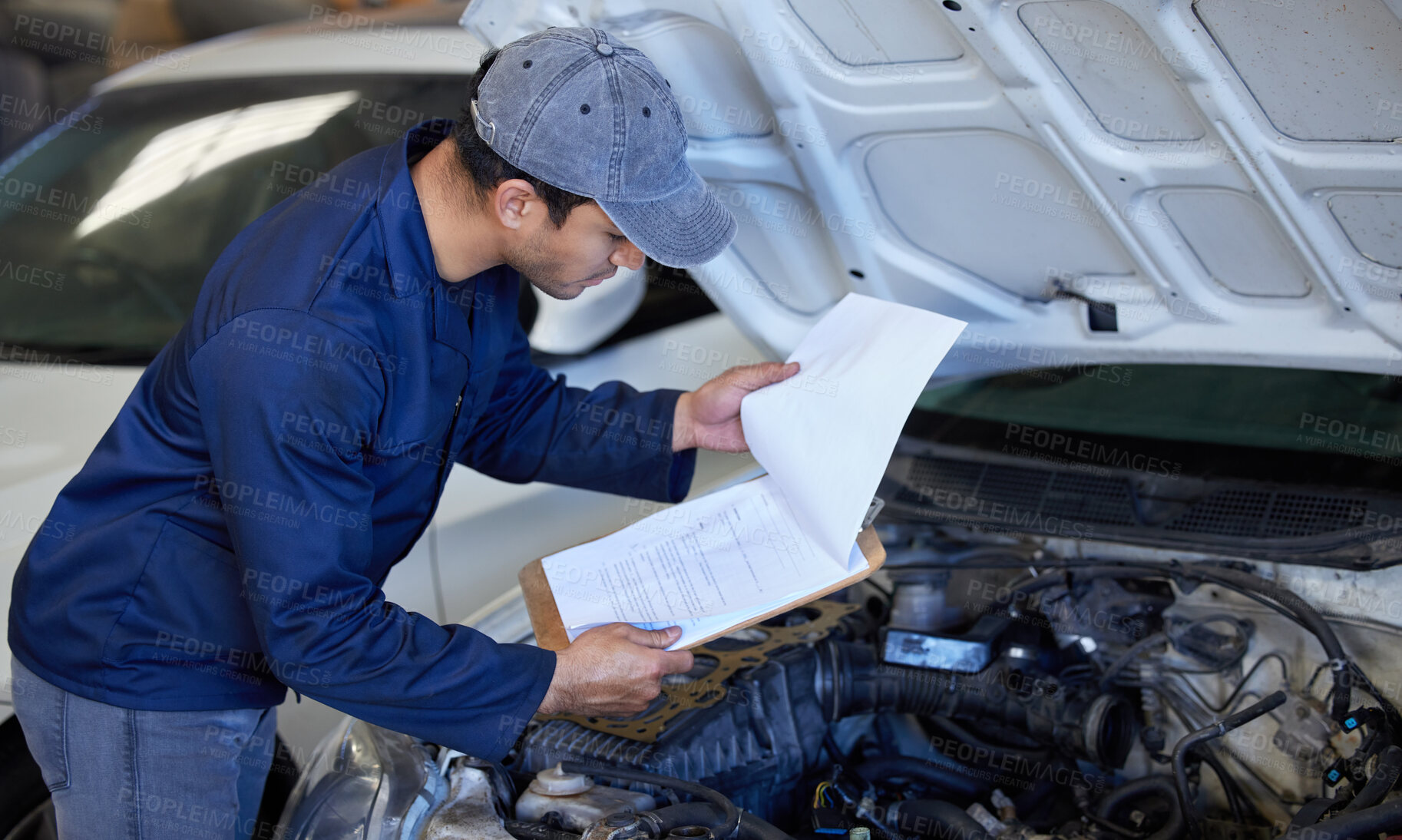 Buy stock photo Mechanic, working and clipboard with car hood, checking and automotive engineering service with man or repairman. Inspection, break fluid and transmission or check engine, workshop and professional