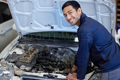 Buy stock photo Mechanic, portrait and working with car hood, checking and automotive engineering service with man or repairman. Fixing, break fluid and manual transmission or check engine, workshop and professional