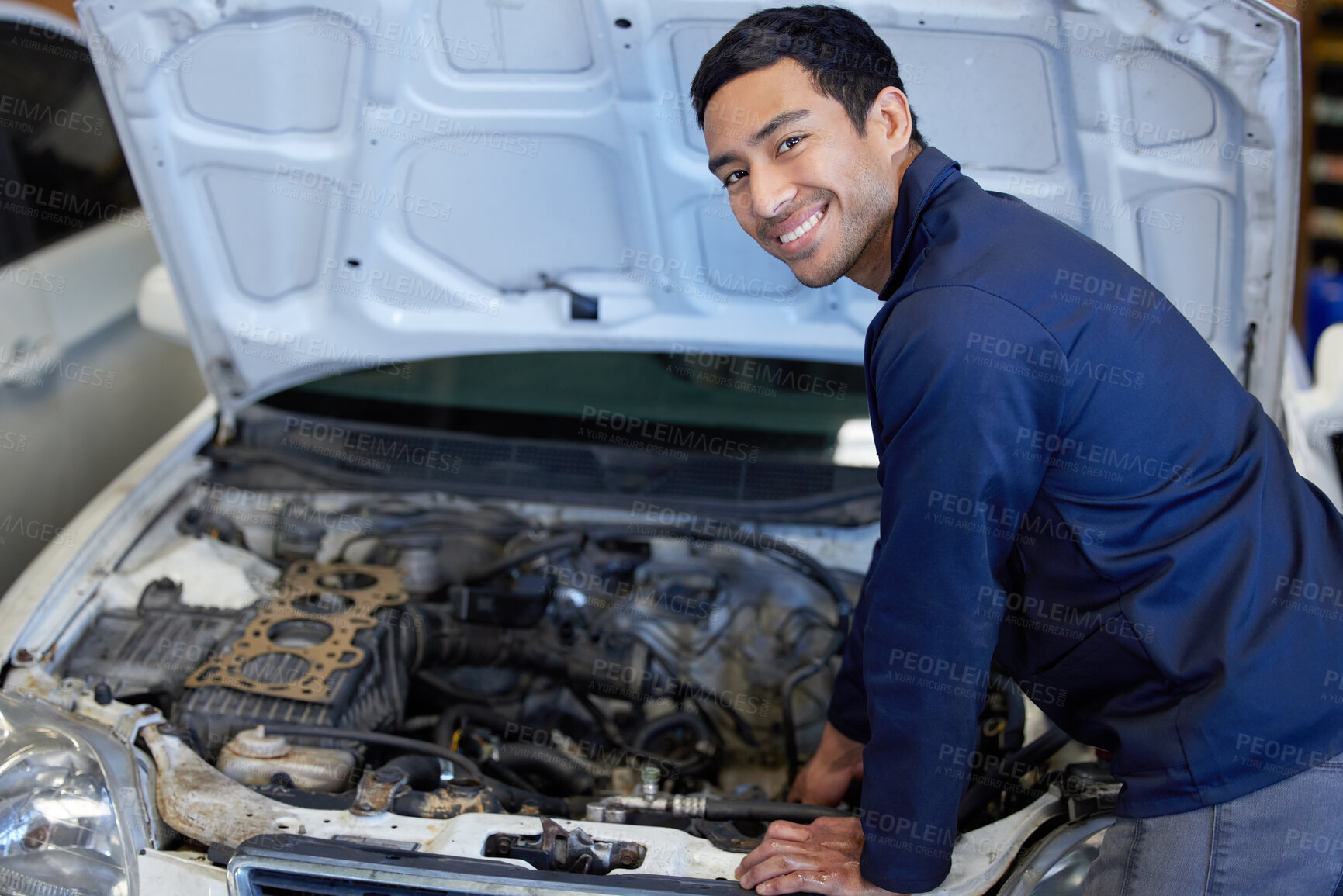 Buy stock photo Mechanic, portrait and working with car hood, checking and automotive engineering service with man or repairman. Fixing, break fluid and manual transmission or check engine, workshop and professional