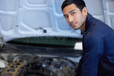 Buy stock photo Mechanic, working and portrait with car hood, checking and automotive engineering service with man or repairman. Inspection, break fluid and transmission or check engine, workshop and professional