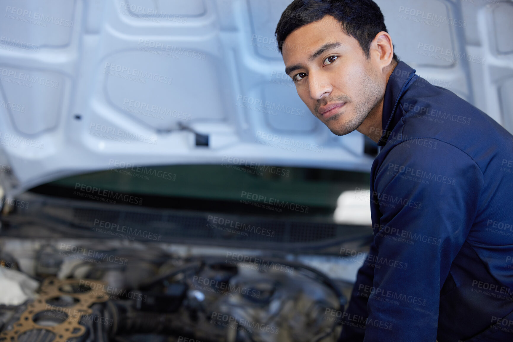 Buy stock photo Mechanic, working and portrait with car hood, checking and automotive engineering service with man or repairman. Inspection, break fluid and transmission or check engine, workshop and professional