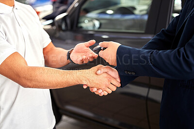 Buy stock photo Car dealership, man hands and handshake from purchase and loan deal at motor showroom with salesman. Male person with shaking hands from agreement, payment success and contract with a transport sale
