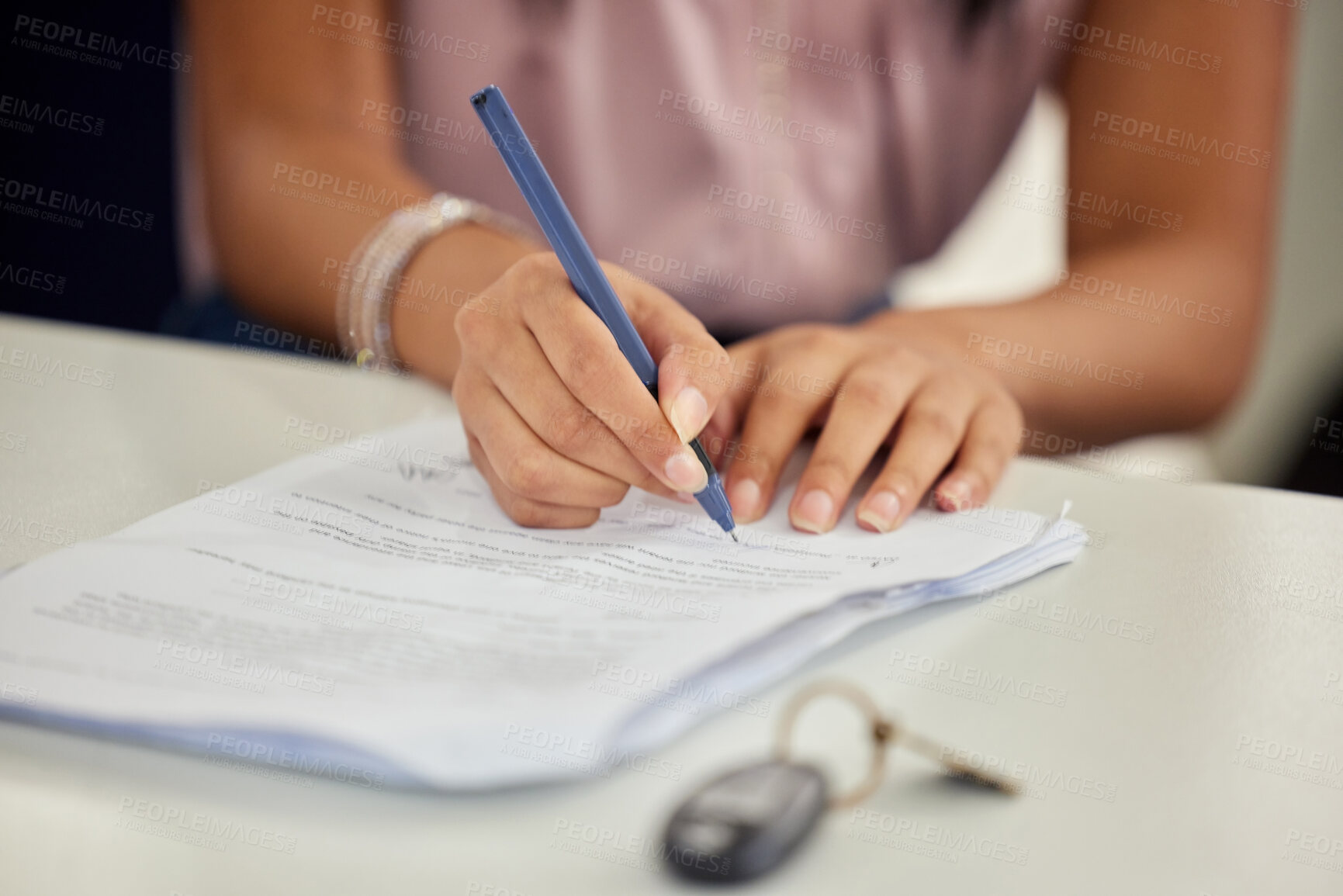 Buy stock photo Contract, signature and customer with deal for car and sale at dealership with insurance agreement. Vehicle, key and hands of person to sign legal finance paperwork for loan offer and commitment