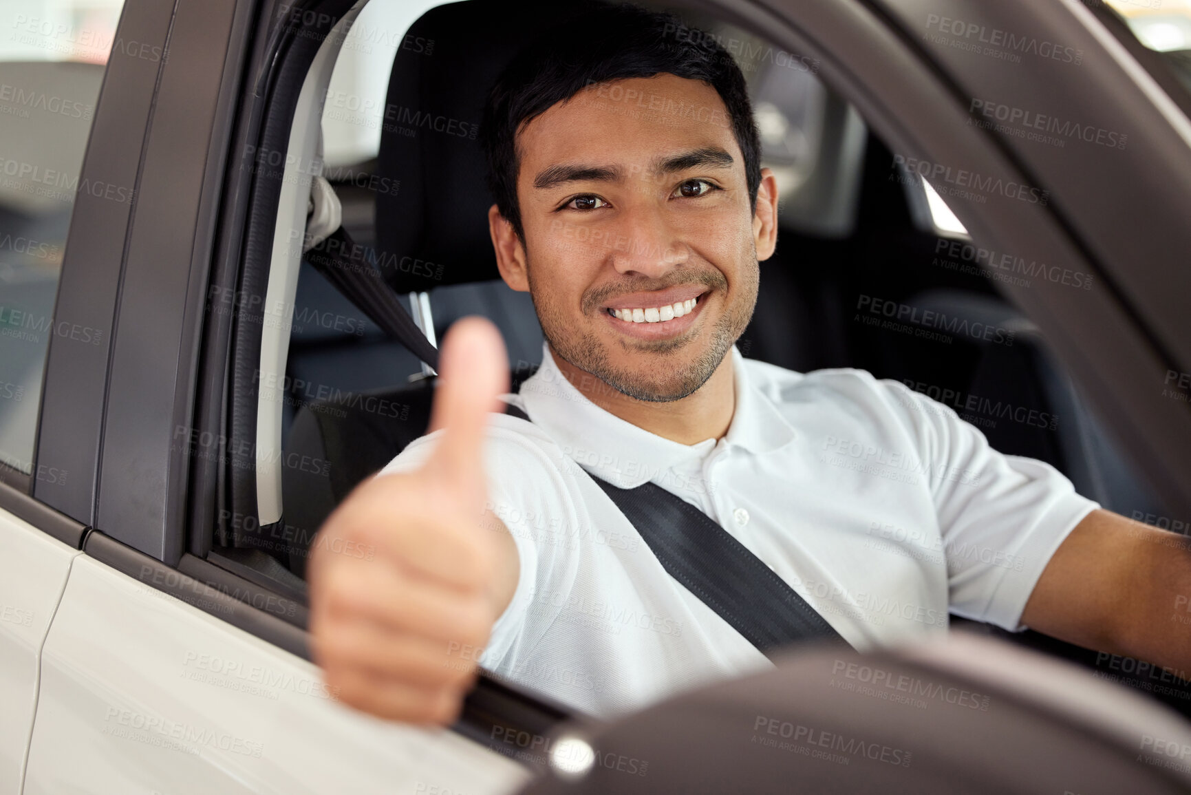 Buy stock photo Happy, portrait and man in car with thumbs up for finance, sale or dealership agreement for insurance. Vehicle, safety and customer with choice at showroom and driver thank you for luxury transport