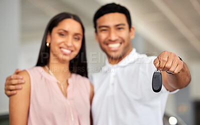 Buy stock photo Couple at car dealership, choice and key in hand with transportation, buying new vehicle with luxury and smile. Happy with decision, man and woman at automobile showroom with purchase and cars