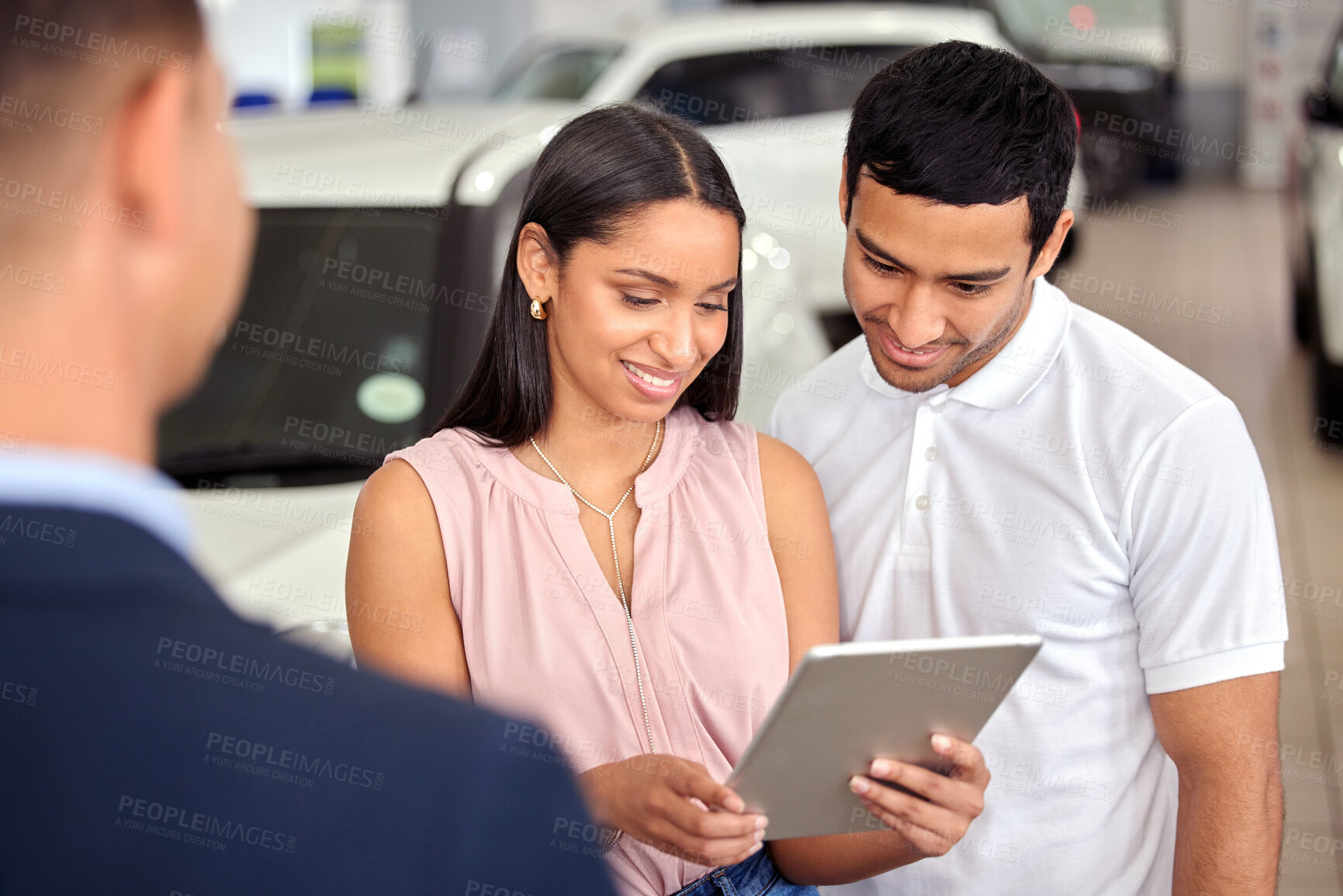 Buy stock photo Tablet, car and shopping with couple and salesman for vehicle showroom, test drive and consulting. Auto, transportation and purchase with man and woman in dealership for insurance, sale and motor