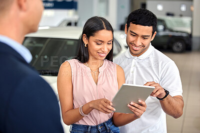 Buy stock photo Tablet, car and showroom with couple and salesman for vehicle shopping, test drive and consulting. Auto, transportation and purchase with man and woman in dealership for insurance, sale and motor