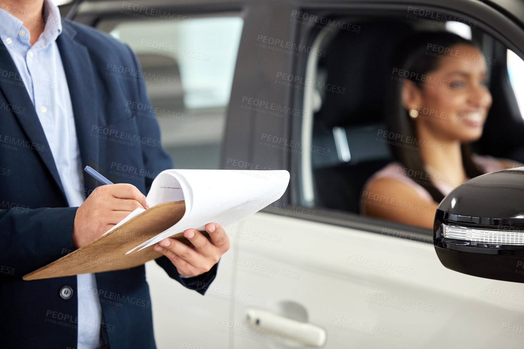 Buy stock photo Man, paperwork and standing by car at dealership with happy woman, document for inspection or contract. Sales, people and transportation with clipboard for check or application, new auto in showroom