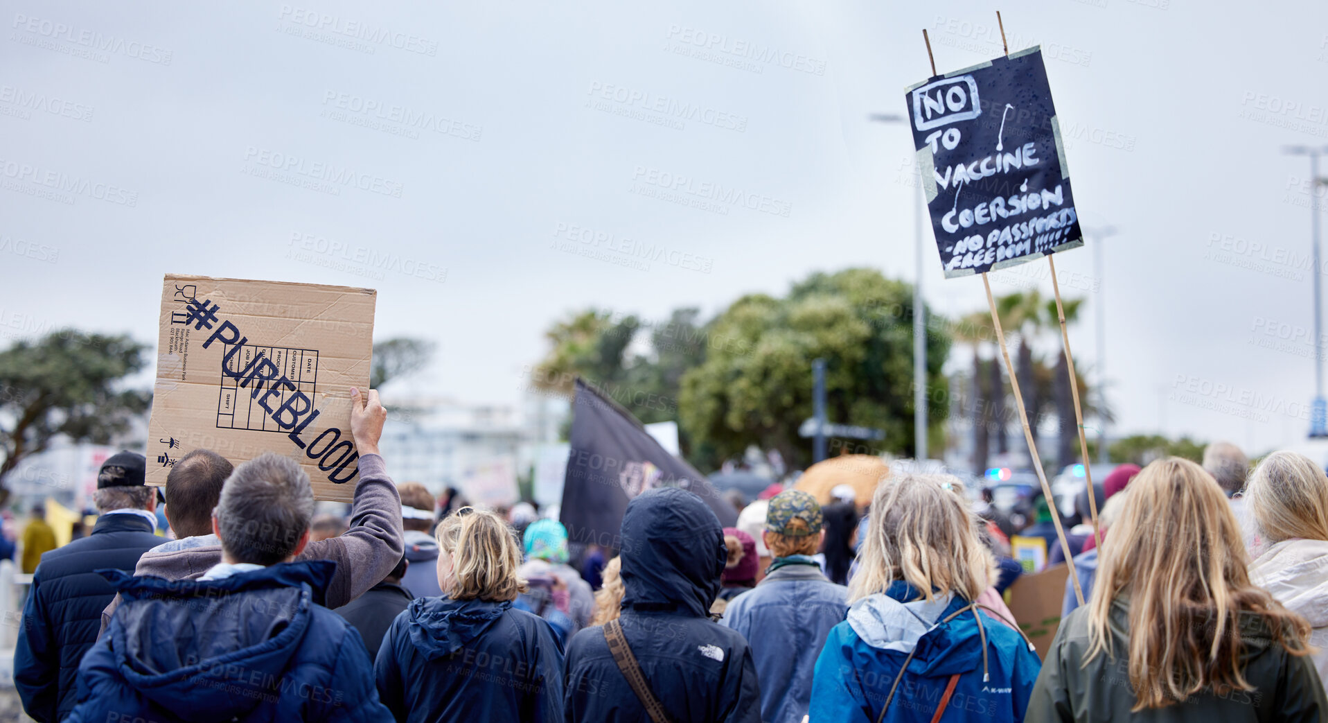 Buy stock photo Outdoor, poster and protest of passport, people and community with sign for government. Society, activist and rally to stop force of vaccine, human rights and fight for rules of Covid 19 in USA