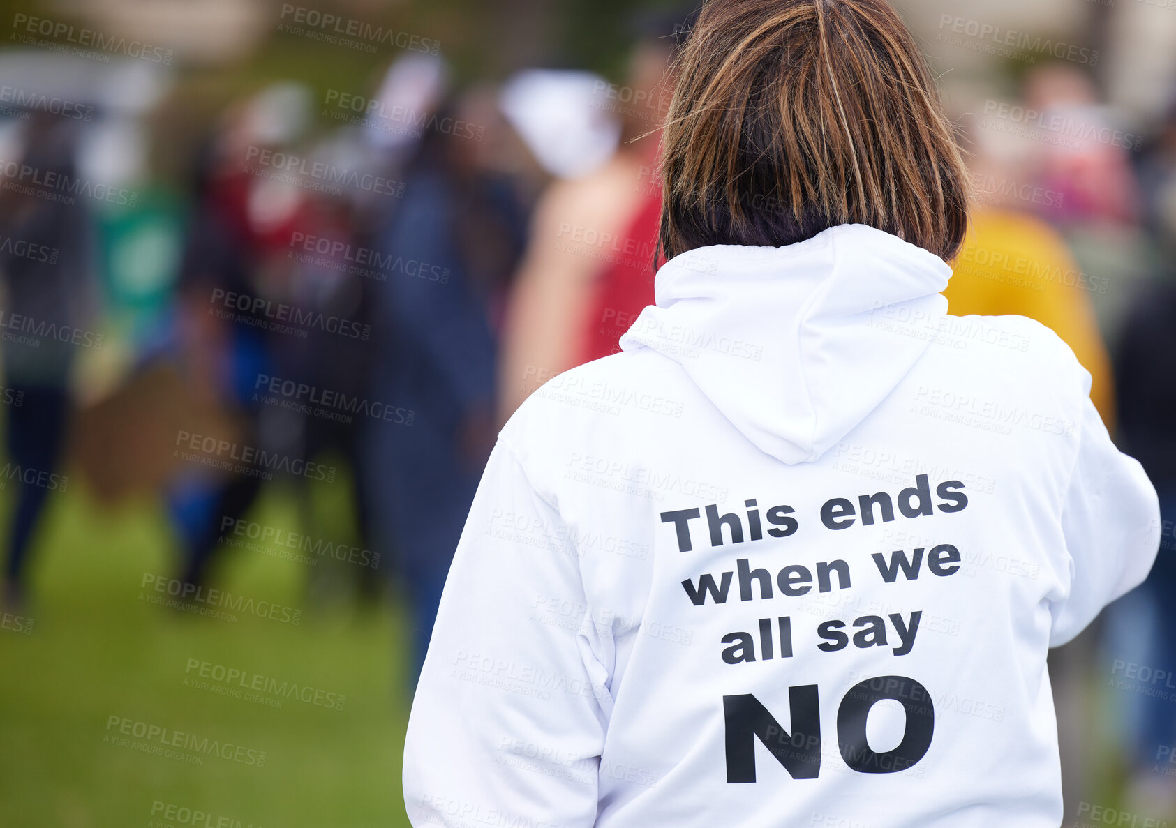 Buy stock photo People, protest and back view outdoor with sign for anti covid vaccine with freedom of speech or human rights. Rally, march and strike for society or choice with community and message on clothing