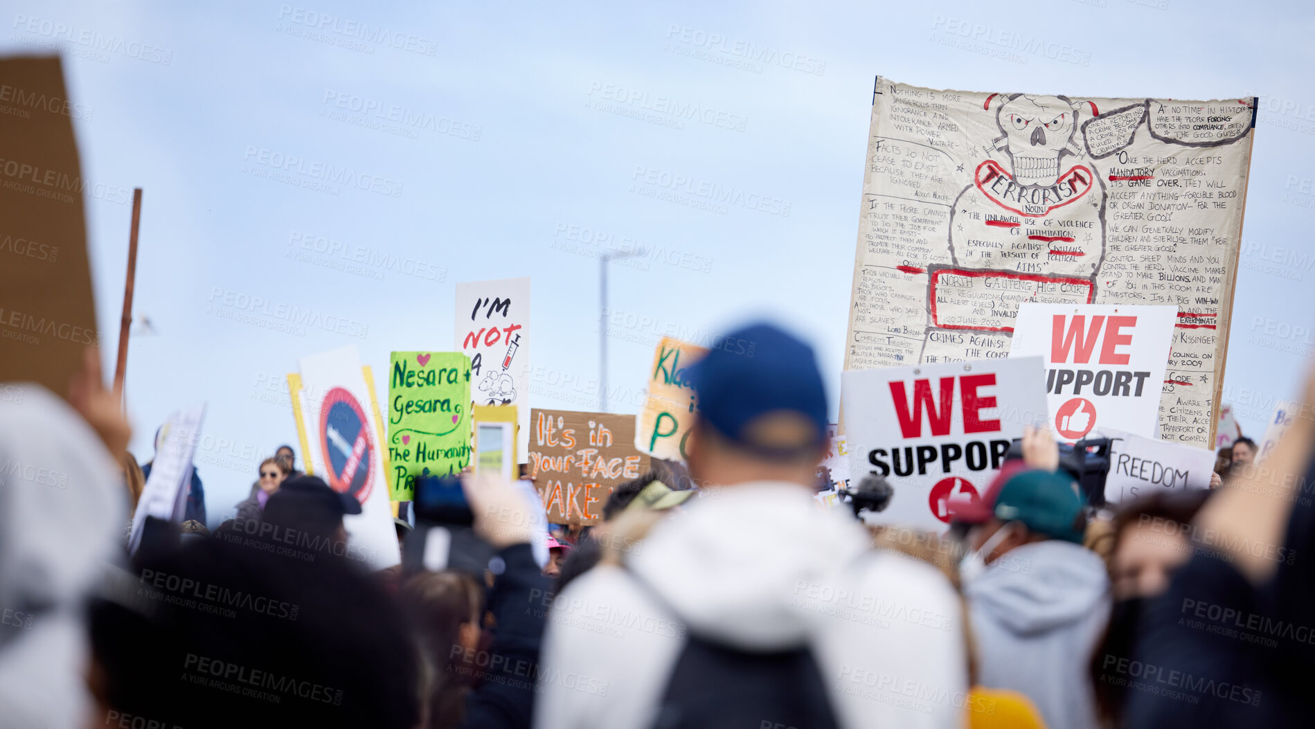 Buy stock photo Rally, people and protest with sign for vaccine corruption, solidarity and human rights in medical research. Law, change and crowd activism in street with poster, fight and freedom of choice in group