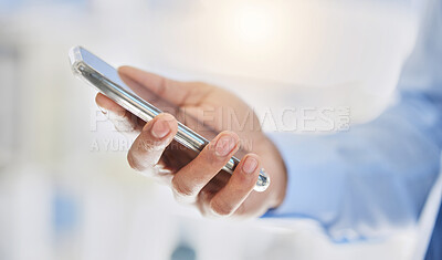 Buy stock photo Businessman, smartphone and hands in office with closeup for contact with technology in corporate company. Social network, digital marketing and online database with connect or email with internet.