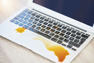 Buy stock photo Accident, coffee spill or mistake and laptop with damage on desk or table in office from above. Fail, oops or splash and wet keyboard of computer in workplace with caffeine drink, crisis or disaster