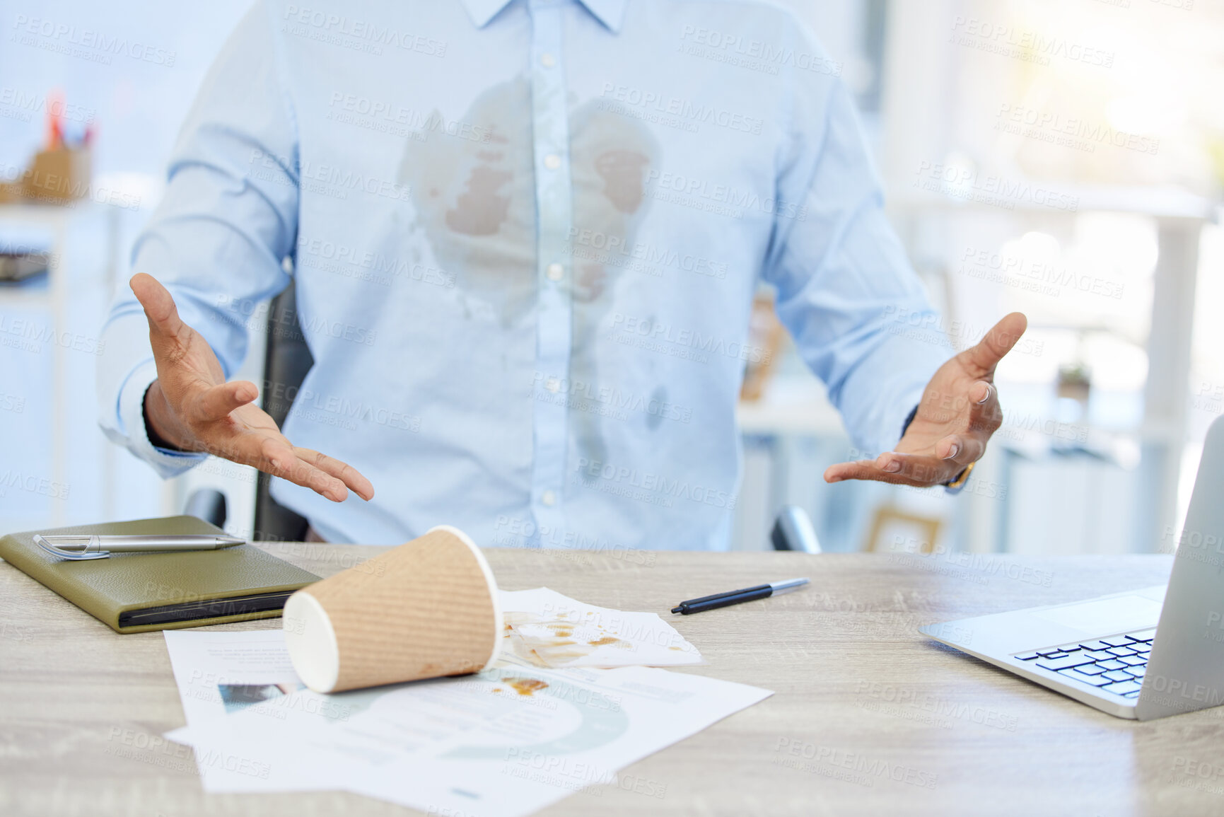 Buy stock photo Businessman, upset and laptop with coffee or splash in office, hands for backup or stain on shirt. Male person, frustrated and computer with drink or spill at work, accountant with accident or mess