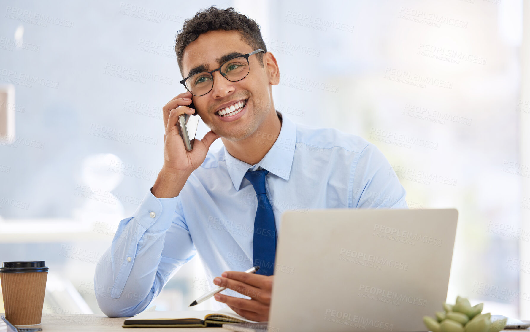 Buy stock photo Happy, businessman and phone call with computer in office for contact, communication and feedback. Smile, male person and assistant at desk with smartphone for schedule planning and conversation.