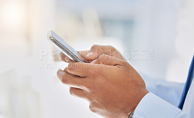 Buy stock photo Smartphone, hands and businessman in office with closeup for contact with technology in corporate company. Online connection, social network and digital with texting or email with browsing in agency.