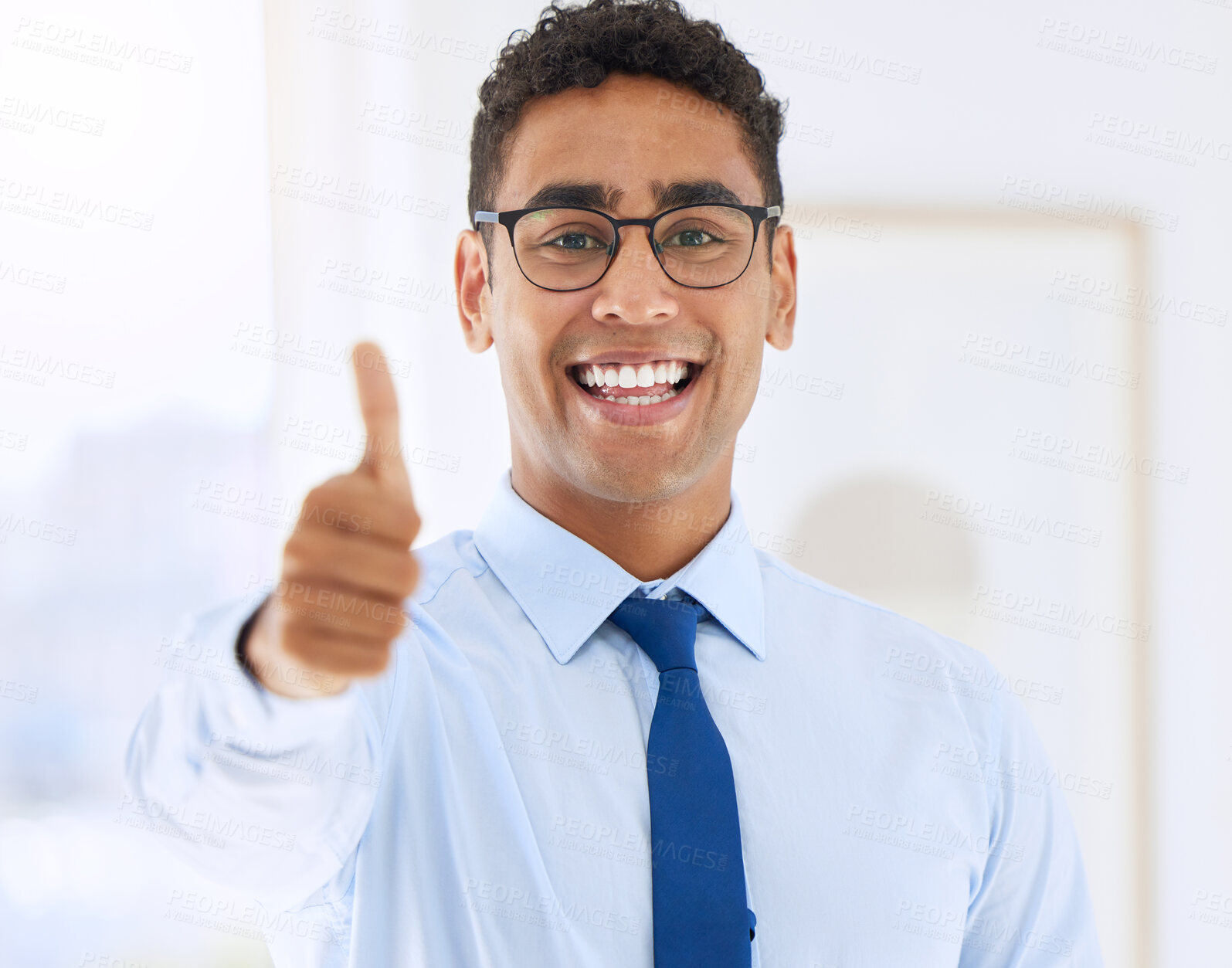 Buy stock photo Portrait, smile and thumbs up with business man in office for motivation, success or support. Face, goal and target with happy employee in workplace for thank you, welcome or winner of deal and sale