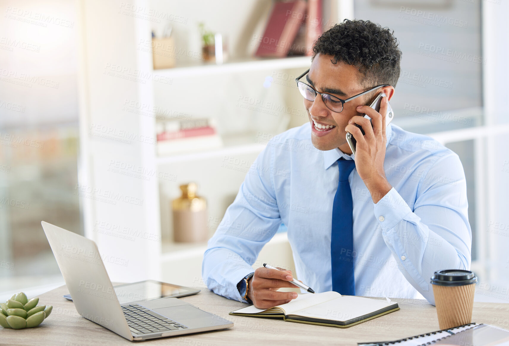 Buy stock photo Happy, businessman and phone call with laptop in office for contact, communication and feedback. Smile, male person and secretary with mobile and computer for email, schedule and agenda planning