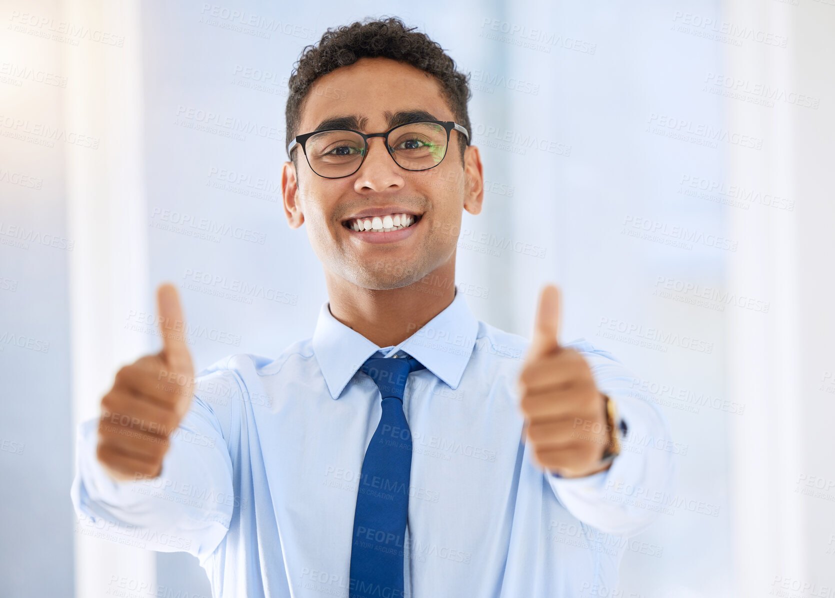 Buy stock photo Portrait, business and man with thumbs up, support and ok review with promotion, agreement and winning. Face, lawyer and attorney with hand gesture, like emoji and icon with symbol, yes and agreement