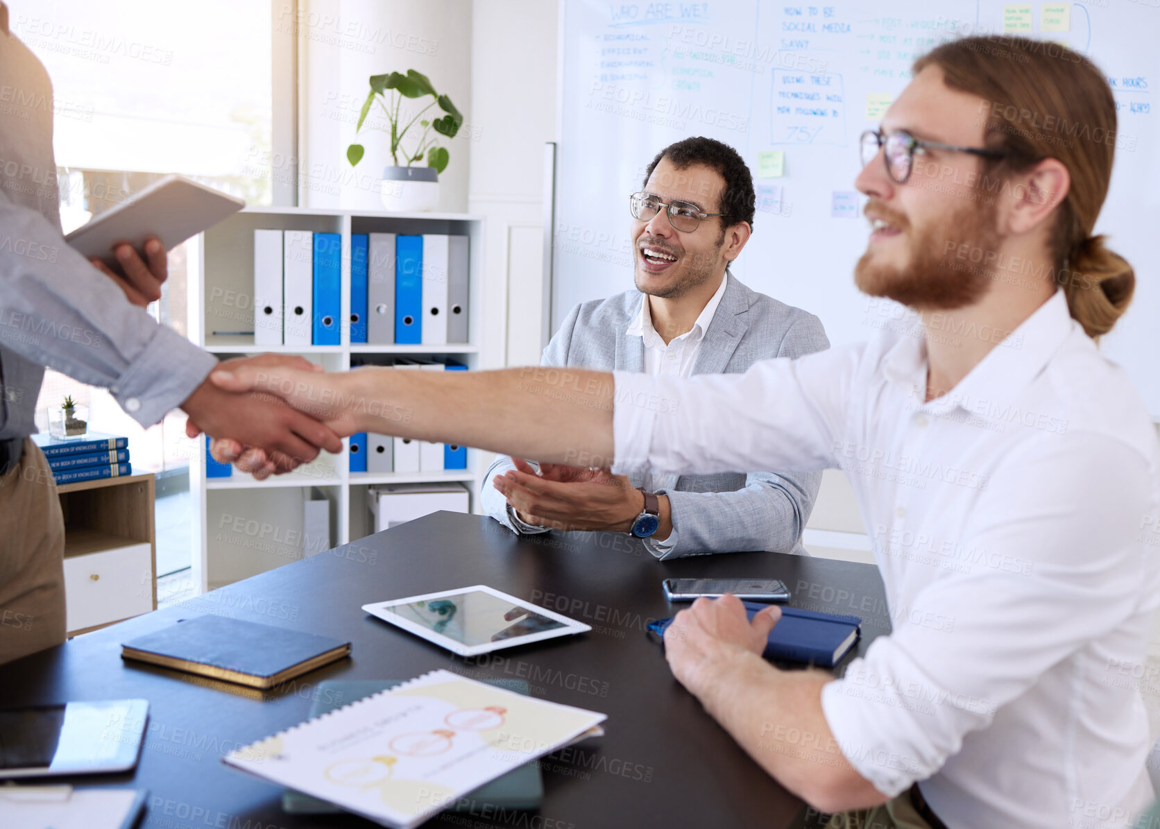 Buy stock photo Handshake, businessmen and interview in office for internship, job recruitment and web development team. Success, congratulations and man for partnership, career promotion and pride in workplace