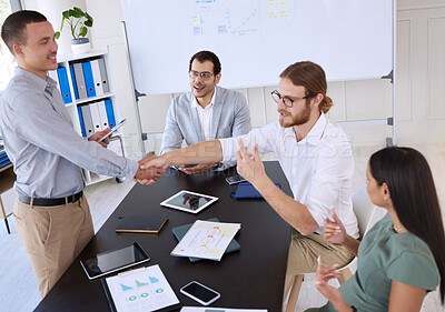 Buy stock photo Handshake, business people and discussion in office for internship, job recruitment and marketing team. Success, congratulations and man for partnership, career and pride for promotion in workplace 