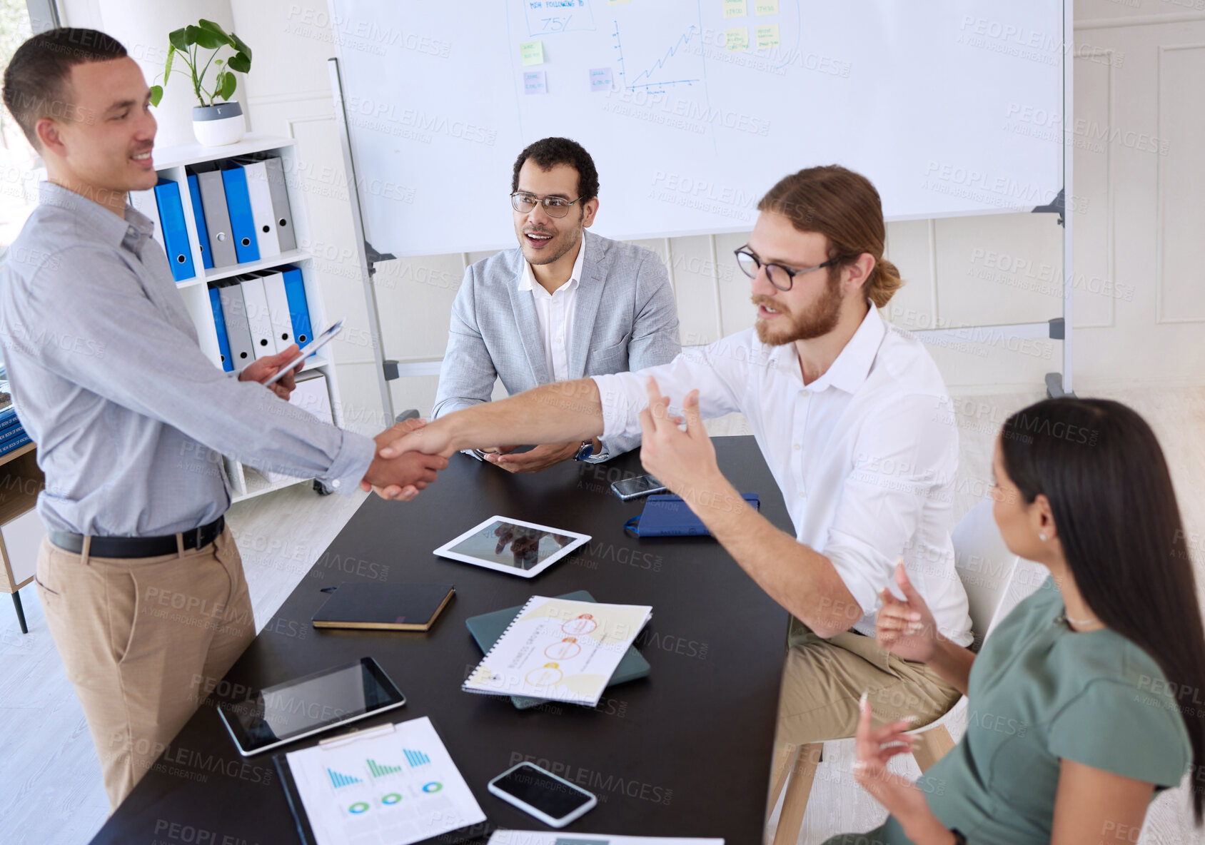 Buy stock photo Handshake, business people and discussion in office for internship, job recruitment and marketing team. Success, congratulations and man for partnership, career and pride for promotion in workplace 