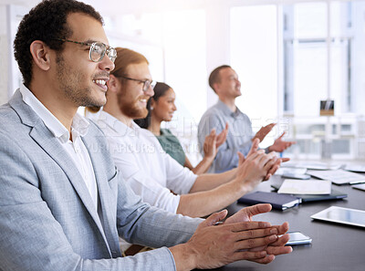 Buy stock photo Office, business people and applause for celebration, success and presentation achievement. Professional, hr team and employees in meeting while clapping hands, support and target victory for company