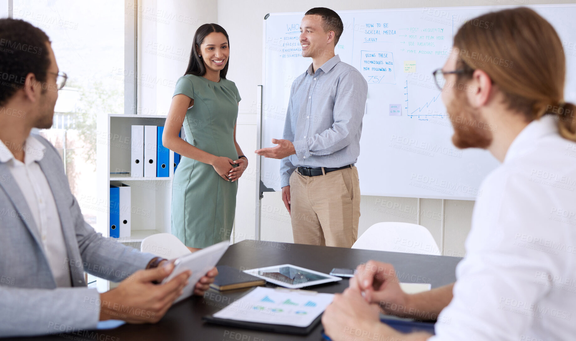 Buy stock photo Team, pregnant woman and business people in meeting together for introduction, onboarding or welcome to office. Group, maternity and happy manager in discussion or financial analyst planning strategy