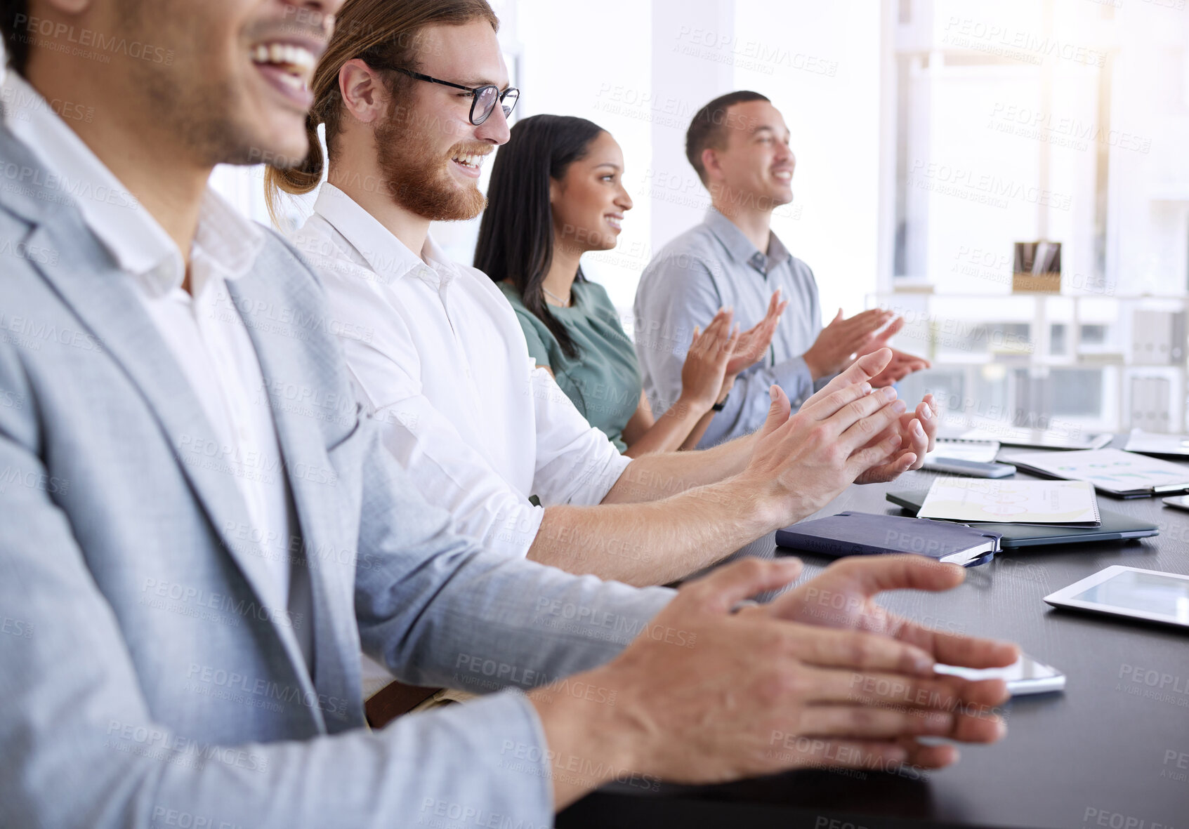 Buy stock photo Business meeting, staff and applause for celebration, success and presentation achievement. Professional, hr people or employees in office while clapping hands, support and target victory for company