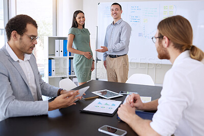 Buy stock photo Group, pregnant woman and business people in meeting together for introduction, onboarding or welcome to office. Team, maternity and happy manager in discussion or financial analyst planning strategy