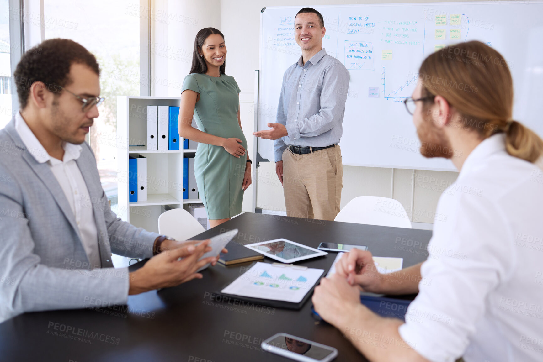 Buy stock photo Group, pregnant woman and business people in meeting together for introduction, onboarding or welcome to office. Team, maternity and happy manager in discussion or financial analyst planning strategy