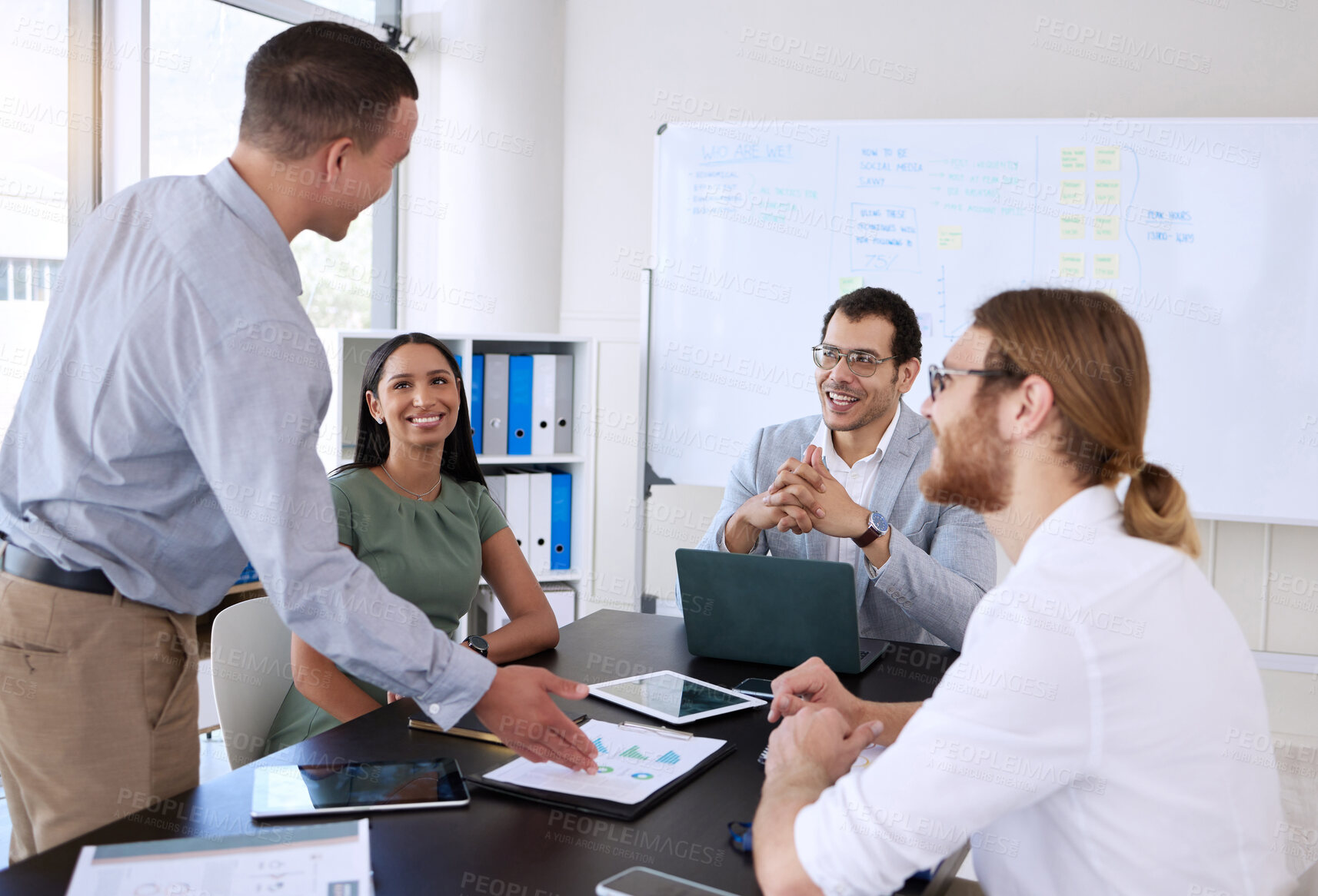 Buy stock photo Happy group, discussion and manager with business people in meeting for brainstorming or training in office. Team, collaboration and project strategy for financial analyst on data or statistics paper