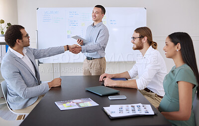 Buy stock photo Handshake, businessman and tablet in office for presentation, job recruitment and marketing strategy. Success, congratulations and man for partnership or career promotion in workplace with pride