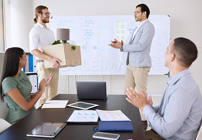 Buy stock photo Applause, congratulations and meeting with business people in boardroom of office to welcome new employee. Box, clapping and smile of staff in workplace for bonus, job opportunity or promotion