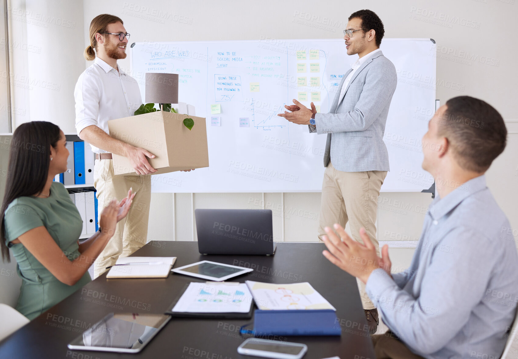 Buy stock photo Applause, congratulations and meeting with business people in boardroom of office to welcome new employee. Box, clapping and smile of staff in workplace for bonus, job opportunity or promotion