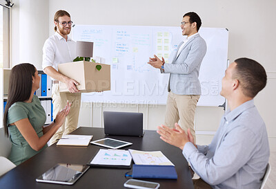 Buy stock photo Business people, man and new job with applause for welcome to team, box and workshop for introduction. Human resources manager, employee and group for kindness, hello and fresh start with opportunity