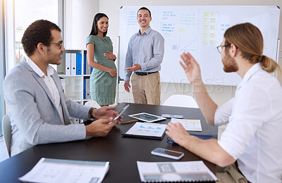 Buy stock photo Pregnant woman, group and business people in meeting together for introduction, onboarding or welcome to office. Team, maternity and happy manager in discussion or financial analyst planning strategy