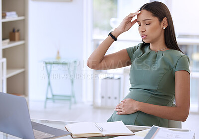 Buy stock photo Stress, pregnant woman in office with headache at desk and small business research online with laptop. Pregnancy, exhausted businesswoman and working overtime on report for startup design company.